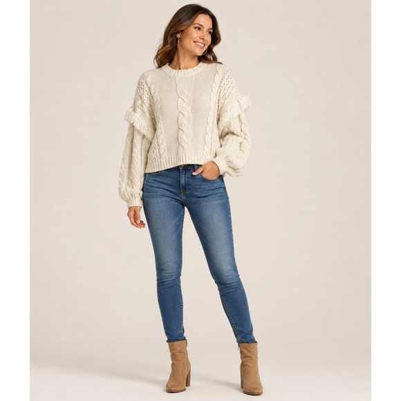 Cupcakes and Cashmere Sweaters - Cupcakes and Cashmere Boho Cozy Sweater Large Cream Cable Knit Fringe Wool Blend